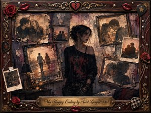 A solitary young woman stands amid a distressed collage of fading romantic memories, surrounded by weathered photographs and tilted frames. Warm sepia, burgundy, black, and muted rose tones create a bittersweet mood, with soft amber lighting and painterly textures. An ornate rosewood-and-gold frame features roses, guitar strings, red lips, and an engraved title plate.