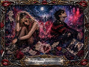 A heartbroken punk-rock couple sits emotionally divided beneath a moonlit, stormy cityscape, connected by a glowing shattered heart and pulsing sound waves. Crimson, violet, midnight blue, and silver tones create dramatic neon lighting. Expressive mixed-media textures, torn letters, roses, guitar picks, stage lights, and an ornate metallic music-themed frame intensify the melancholy.