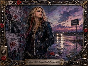 A defiant young woman in a studded leather jacket stands beside a graffiti-covered roadside at twilight, framed by wet pavement and distant headlights. Deep blues, purples, crimson, and gold create a rebellious, reflective mood. Painterly textures, dramatic sky, scattered guitar picks, cables, red lips, and ornate metallic details reinforce independence and emotional resolve.