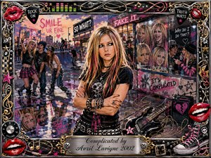 A rebellious blonde young woman stands amid a lively urban skate scene, surrounded by laughing friends, fractured reflections, graffiti, tangled guitar cables, and pop-punk symbols. Hot pink, black, silver, and gold dominate beneath glowing dusk light. Energetic acrylic textures, expressive details, red lips, chrome ornaments, and the engraved title frame heighten the conflicted mood.