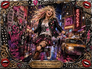 A rebellious blonde rocker dances through a rain-slicked neon city street, radiating carefree confidence and playful defiance. Hot pink, black, gold, and electric blue dominate beneath glowing signs and headlights. Expressive painterly textures, punk fashion, graffiti, a taxi, and ornate music-themed framing create a lively, mischievous pop-rock atmosphere.