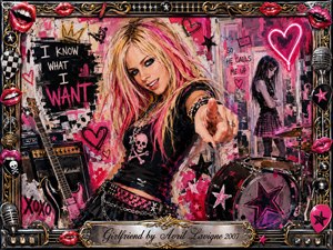 A playful pop-punk heroine points confidently toward the viewer amid a chaotic music-room collage of guitars, drums, graffiti, hearts, and neon accents. Hot pink, red, black, white, chrome, and gold dominate the energetic acrylic-style scene, while lipstick motifs, stars, amplifiers, and an ornate musical frame amplify its rebellious, flirtatious attitude.
