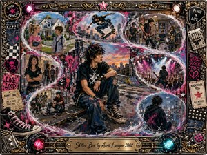 A rebellious young skater sits amid a vibrant pop-punk memory collage, surrounded by suburban romance, graffiti streets, rooftop solitude, garage-band energy, and blazing concert lights. Hot pink, black, blue, and metallic gold dominate the textured painted composition, framed with chains, guitar hardware, tickets, studs, sneakers, and glowing stage lamps.