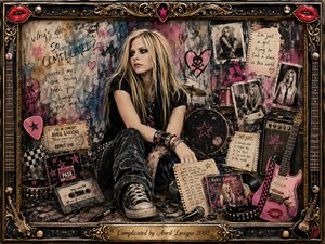 A rebellious young woman sits amid a gritty rock collage of drums, guitars, cassette tapes, concert passes, handwritten notes, and faded photographs. Warm gold, black, pink, and distressed neutral tones create a moody nostalgic atmosphere. Dramatic studio lighting and layered mixed-media textures give the scene a bold, intimate early-2000s punk-pop character.