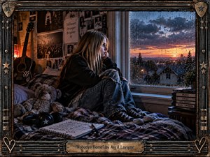 A solitary young woman sits curled on a rumpled bed beside a rain-streaked window, staring toward a fading sunset over dark rooftops. Warm amber lamplight contrasts with cool blue shadows, creating a melancholy, intimate mood. Gritty photographic realism, worn textures, a guitar, headphones, journal, posters, and distressed metal framing deepen the sense of isolation.