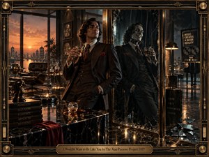 A sharply dressed man stands in a luxurious 1970s penthouse, holding a drink beside a cracked mirror revealing a colder, puppet-like reflection. Amber sunset light, teal shadows, brass, marble, broken glass, chess imagery, and studio details create a sleek, cynical, surreal digital composition framed with vintage audio-inspired ornament.