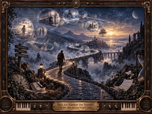 A solitary traveller follows a lantern-lit stone road winding through misty mountains toward a glowing horizon, surrounded by floating memory spheres, clocks, scattered pages, and distant ruins. Deep blues, silver haze, and warm amber light create a reflective, dreamlike digital painting framed with ornate bronze, wood, and musical details.
