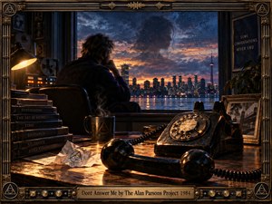 A solitary man sits beside a rain-streaked window overlooking a glowing city at dusk, while a ghostly womans reflection hovers in the glass. Warm amber lamplight contrasts with deep blue skies, illuminating a rotary phone, books, tape equipment, scattered papers, and a richly detailed bronze audio-inspired frame.