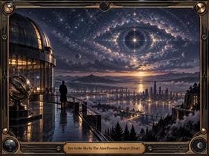 A solitary figure overlooks a luminous futuristic city from a high observatory terrace beneath a vast celestial formation. Deep blues, violet clouds, silver stars, and warm amber lights create a watchful, mysterious mood. Art Deco framing, geometric sky patterns, reflective surfaces, and astronomical machinery give the scene elegant retro-futuristic grandeur.
