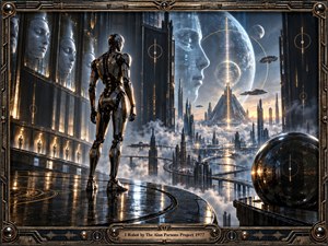 A solitary humanoid robot overlooks a vast futuristic metropolis suspended above clouds, surrounded by mirrored faces, orbital forms, and glowing geometric symbols. Cool steel blues contrast with warm gold highlights, creating a contemplative, technological mood. Highly detailed digital realism, reflective surfaces, monumental architecture, and a mechanical decorative frame emphasize precision and isolation.