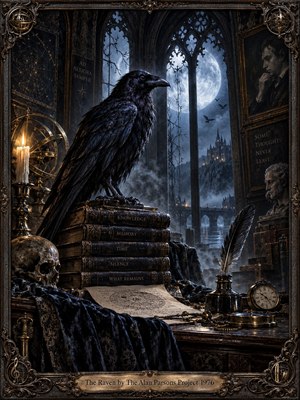 A black raven dominates a moonlit Gothic study, perched on aged books beside a skull, quill, clock, and candlelit instruments. Deep blue, black, and bronze tones create a solemn, mysterious mood, while cathedral windows reveal mist, distant towers, and a full moon. Ornate framing enhances the richly detailed dark romantic style.