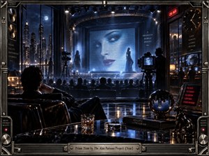 A sleek retro-futurist television studio overlooks a moonlit city as an enormous blue screen dominates the stage with a womans face. Shadowed cameras, seated viewers, control rooms, reflective black surfaces, clocks, and glowing red signs create a tense, theatrical mood. Metallic framing and cool cinematic lighting suggest media, spectacle, and controlled illusion.