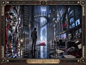 A lone suited figure stands in a vast futuristic control hall where mirrored faces, fractured masks, spiral stairs, monitors, and scattered papers suggest paranoia and manipulated perception. Cool blue, gray, and black tones are pierced by red signals and warm metallic highlights, creating a tense, cinematic, surreal digital composition framed by intricate studio hardware.
