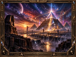 A monumental crystalline pyramid glows above a misty desert canyon, surrounded by smaller pyramids, obelisks, and a watchful stone pharaoh. Cosmic clouds, a giant moon, and swirling golden energy fill the violet and crimson sky. Warm reflections, luminous beams, and an ornate Egyptian bronze frame create a mysterious progressive-rock dreamscape.