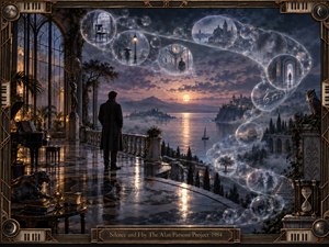 A solitary man stands on a reflective moonlit terrace overlooking a misty sea and distant illuminated architecture. Dreamlike memory bubbles sweep in an S-curve across the twilight sky, revealing clocks, figures, ships, and empty rooms. Deep blues, bronze highlights, soft amber light, and an ornate musical frame create introspective grandeur.