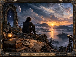 A solitary figure sits on a rocky overlook above a mist-filled mountain lake at sunset, surrounded by books, maps, a compass, lantern, and telescope. Warm amber light contrasts with deep blues and stormy clouds, where a ghostly face emerges. The cinematic surreal scene feels reflective, mysterious, and timeless.