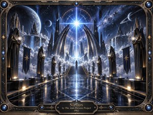 A vast cosmic cathedral stretches beneath a brilliant star, where hooded figures line a reflective black avenue leading toward monumental silver arches and a distant celestial city. Deep blues, black, gold, and white create a mysterious, futuristic mood, while radiant starlight, planets, banners, and intricate metallic framing evoke grandeur, precision, and cosmic ceremony.