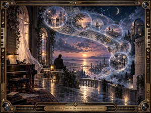 A solitary man overlooks a luminous twilight city from a reflective terrace as translucent memory bubbles spiral through the sky along a glowing S-curve. Deep blues, violet clouds, warm gold lights, clocks, stars, and distant architecture create a wistful dreamlike mood, framed by ornate bronze, wood, piano keys, and celestial details.