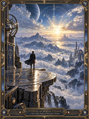 A lone figure stands on a circular stone observatory above a vast sea of clouds, facing radiant mountains, distant futuristic towers, and a glowing horizon. Deep blues, silver mist, and golden light create an uplifting, contemplative mood. Celestial planets, geometric sky markings, waterfalls, and an ornate metallic frame enhance the surreal digital painting.