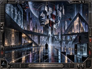 A solitary figure stands within a rain-slick futuristic city of mirrored towers, fractured faces, geometric monuments, and hovering mechanical eyes. Cold blue, silver, violet, and red light reflect across polished surfaces, creating an analytical, uneasy mood. Intricate digital realism, sharp architecture, luminous glass, and industrial framing suggest identity divided by technology and perception.
