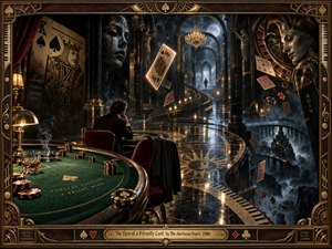 A solitary gambler sits at a green casino table within a vast Gothic hall where an illuminated S-shaped path winds through arches, moonlit mist, floating cards, roulette wheels, and theatrical masks. Deep black, bronze, crimson, and gold tones create a mysterious, fatalistic mood with cinematic digital realism and dramatic reflected light.