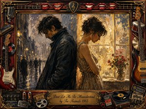 A brooding man and woman stand back-to-back, divided between a rain-soaked blue-gray city and a warmly glowing interior, expressing emotional distance and misunderstood affection. Rich oil-painted textures, amber light, muted shadows, guitars, records, microphones, red lips, and ornate gold detailing create a dramatic vintage rock portrait within an elaborate musical frame.