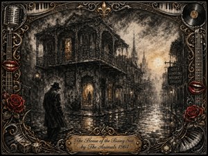 A brooding charcoal vision of old New Orleans shows a solitary figure facing a weathered house along rain-slicked streets at dawn. Smoky blacks, sepia grays, and amber light create a haunted, regretful mood. An ornate gold-and-chrome musical frame, red roses and lips, vintage motifs, and an engraved title plate complete the dramatic composition.