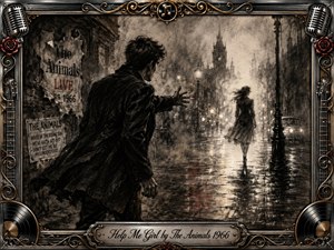 A solitary man reaches toward a woman disappearing down a rain-soaked city street, capturing longing, heartbreak, and emotional desperation. Deep charcoal textures, smoky grays, warm sepia highlights, and muted crimson accents create a cinematic 1960s atmosphere, framed by ornate chrome, gold filigree, roses, microphones, vinyl records, and musical details.