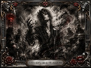 A brooding singer reaches toward a vintage microphone within a smoky, spellbound club, surrounded by shadowy faces and swirling charcoal forms. Deep blacks, silvery grays, crimson accents, and dramatic highlights create an obsessive, hypnotic mood. An ornate chrome-and-gold musical frame, red lips, roses, strings, and engraved title plate complete the theatrical composition.