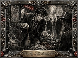 A swaggering young hustler leans over a table of cash, rings, and trinkets in a smoky 1960s club alley, confronting a shadowed customer. Deep charcoal textures, harsh monochrome lighting, red neon accents, and metallic highlights create gritty tension. An ornate music-themed frame surrounds the scene with the engraved title plate below.