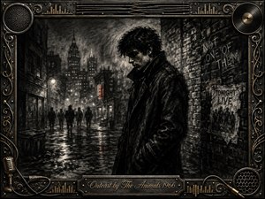 A solitary young man stands in a rain-soaked city alley, isolated from distant shadowy figures beneath dim streetlights. Deep charcoal textures, smoky blacks, silvery grays, and faint red accents create a brooding, defiant mood. An ornate music-themed metal frame, gold inlay, cables, speakers, and engraved title plate complete the composition.