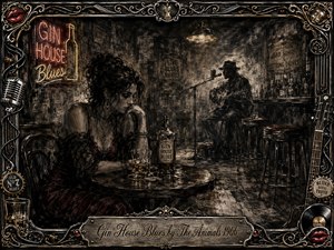 A weary woman sits alone at a worn gin-house table, brooding beside a bottle and amber drink while a shadowy guitarist performs through smoky haze. Deep charcoal textures, sepia blacks, muted burgundy, and tarnished gold create a gritty blues mood. Ornate musical metalwork frames the dim, neon-lit scene.