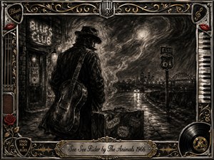 A solitary musician stands beside a smoky blues club, facing a rain-slick highway toward a distant glowing city. Deep charcoal textures create a brooding, nostalgic mood, while silver, black, gold, and red accents enrich the ornate musical frame. Guitar, vinyl, piano, roses, travel stickers, and engraved title details evoke restless 1960s blues-rock.