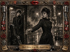 A poised woman turns on a rain-darkened 1960s street, extending a heart-shaped locket toward a solemn musician waiting beside his guitar case outside a smoky blues club. Deep charcoal textures, misty reflections, and dramatic lighting create a bittersweet mood, framed by ornate gold, chrome, red lips, roses, microphones, strings, and records.