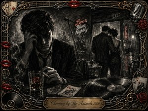 A brooding man sits alone in a smoky 1960s nightclub while a couple slips away through the rain-darkened doorway behind him. Deep charcoal textures, stark shadows, muted reds, and faint neon create a tense, betrayed mood. Playing cards, whiskey, cigarettes, vinyl, roses, microphones, and ornate gold-chrome framing enrich the noir composition.