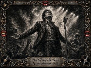 A defiant rock singer stands beneath blazing stage lights, arms spread toward a shadowy crowd, with a vintage microphone and guitarist emerging through smoky darkness. Deep feathered charcoal textures create a gritty, dramatic mood, accented by silver, gold, and bright red lips. An ornate music-themed frame and engraved title plate complete the vintage composition.
