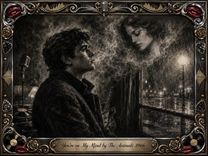 A solitary young man gazes through a rain-streaked window while a womans ghostlike face emerges from swirling charcoal smoke above him. Vintage microphone, guitar, and records deepen the 1960s atmosphere. Rich blacks, silvery grays, muted gold, and red accents create a melancholy, dreamlike scene framed with ornate rock-and-roll details.