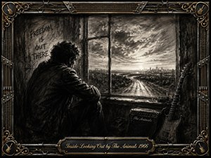 A solitary figure sits in a shadowed, weathered room, gazing through a bright window toward an open road and distant city. Deep feathered charcoal textures create a restless, introspective mood, contrasted by glowing horizon light. An ornate chrome-and-gold musical frame surrounds the scene, with guitar motifs, strings, rivets, and an engraved title plate.