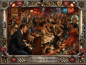 A lively 1960s rhythm-and-blues club erupts with dancers, a pounding pianist, saxophone, drums, and cheering crowds. Warm reds, amber light, turquoise neon, and smoky shadows create a playful, electric mood. Painterly textures and sweeping musical streaks intensify the motion, while an ornate chrome-and-gold music-themed frame completes the vintage scene.