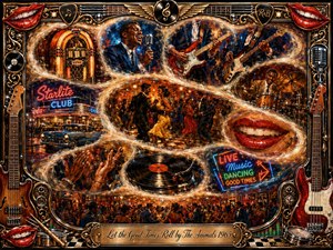 A vibrant acrylic-style collage captures a joyful 1960s rhythm-and-blues nightclub, with singers, dancers, guitars, drums, neon signs, a jukebox, and spinning vinyl linked by a glowing S-shaped ribbon. Warm reds, golds, blues, and amber lighting create energetic nostalgia, framed by ornate chrome, musical hardware, smiling lips, and an engraved title plate.