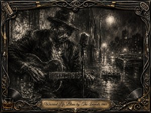 A weary blues guitarist sits beside a vintage microphone on a rain-slicked city street, surrounded by fog, distant lamps, and a parked classic car. Deep charcoal textures, smoky shadows, and muted black, gray, and bronze tones create a solemn mood, while the ornate musical frame and engraved title plate add vintage elegance.
