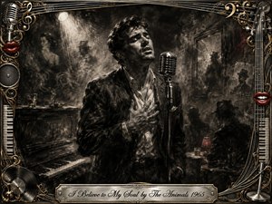 A soulful singer stands beside a vintage microphone in a smoky, shadowed blues club, one hand pressed to his chest beneath a dramatic spotlight. Deep charcoal textures, sepia undertones, and restrained red accents create a haunted, emotional mood. An ornate chrome-and-gold musical frame surrounds the scene, with piano keys, records, strings, microphones, and engraved title plate.