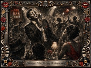 A jubilant 1960s nightclub scene unfolds in richly feathered charcoal, where a soulful singer performs beneath smoky spotlights as an elegant woman watches admiringly. Deep blacks, warm sepia, silver highlights, and vivid red accents create romantic energy, while dancing silhouettes, roses, music motifs, and an ornate gold-and-chrome frame complete the composition.