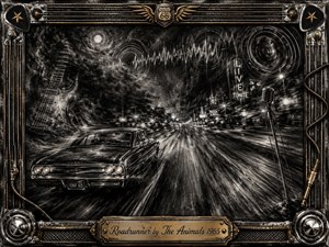 A vintage 1960s car races along a moonlit highway through a smoky city night, surrounded by streaking lights and pulsing musical imagery. Deep charcoal blacks, silver highlights, and gold accents create a gritty rock-and-roll mood. A ghostly guitar, microphone, sound waves, Route 66 emblem, and ornate metallic frame reinforce the restless energy.