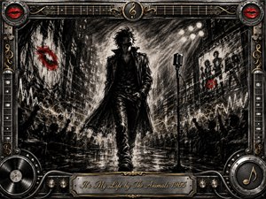 A defiant lone figure strides through a shadowy, rain-slicked urban stage, surrounded by cheering silhouettes, glowing spotlights, and a vintage microphone. Deep feathered charcoal textures create a gritty, rebellious mood, accented by vivid red lips and elegant gold details. An ornate chrome music-themed frame and engraved title plate complete the dramatic composition.