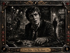 A stunned young man leans forward in a smoky blues-club setting, his haunted expression dominating the charcoal composition. Deep blacks, silvery grays, and dramatic highlights create a tense nocturnal mood. Musicians, wet streets, vinyl records, guitars, red lips, microphones, and ornate gold-and-chrome framing surround the richly textured scene.