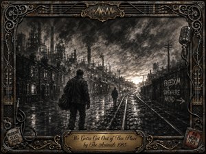 Two weary figures move through a rain-darkened industrial town, following glistening railway tracks toward a distant glow of hope. Deep feathered charcoal textures, smoky factories, cramped houses, and stormy skies create a gritty, restless mood. An ornate rusted metal frame, musical details, graffiti, and engraved title plate reinforce the rebellious atmosphere.