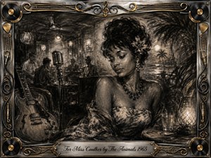 A graceful woman sits in a smoky 1960s club, surrounded by a vintage microphone, guitar, musicians, and tropical night scenery. Deep feathered charcoal textures create a nostalgic, soulful mood, warmed by soft golden highlights. An ornate chrome-and-gold musical frame, vinyl motifs, cables, and engraved title plate complete the elegant composition.