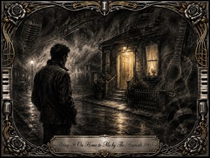 A lone man stands on a rain-darkened street, gazing toward a warmly glowing doorway that suggests longing and return. Deep feathered charcoal textures create a brooding, nostalgic mood, softened by golden light. Musical notes, guitar forms, vinyl grooves, roses, microphones, piano keys, and ornate metallic filigree enrich the vintage frame.