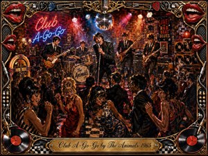 A vibrant 1960s rhythm-and-blues club erupts with dancers surrounding The Animals on a glowing stage. Red, blue, amber, and gold lighting cuts through smoky air, illuminating guitars, drums, amplifiers, neon signs, and vinyl details. An ornate chrome-and-gold musical frame, bright red lips, and engraved title plate complete the energetic painted scene.